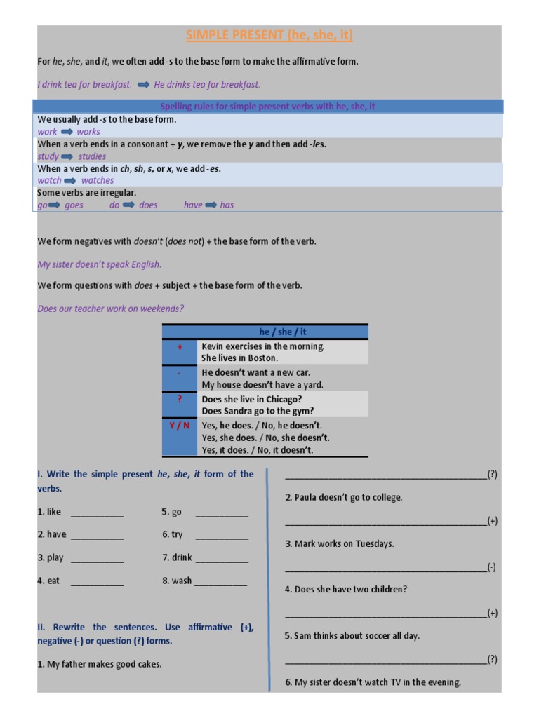 Simple Present (He, She, It) | PDF | Question | Linguistic Morphology