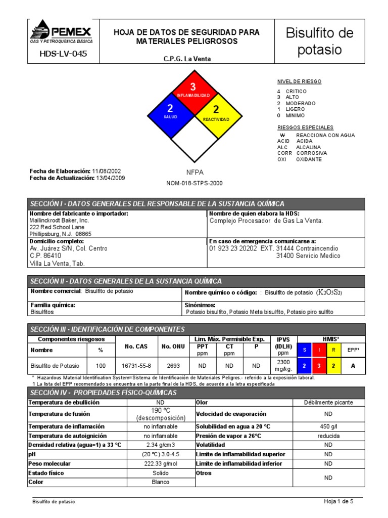 HDS-LV-045 BISULFITO POTASIO Ok | PDF | Agua | Química