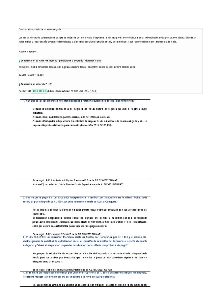 Cálculo de Renta Cuarta Categoría | PDF | Impuesto sobre la renta ...