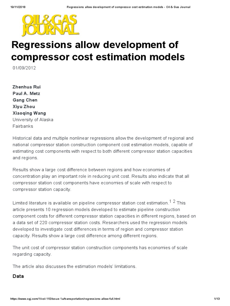 Regressions Allow Development of Compressor Cost Estimation Models Oil & Gas Journal PDF