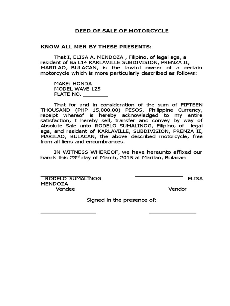 Motorcycle Sale Deed Template | PDF