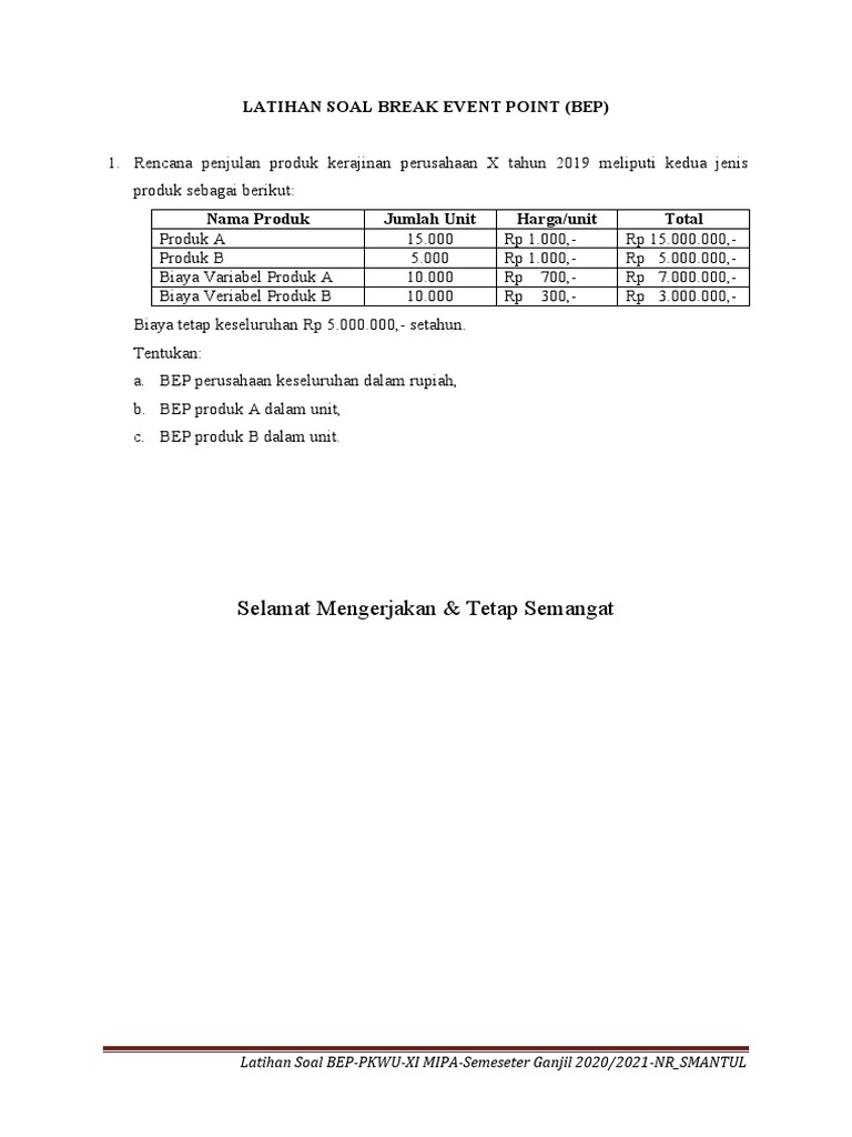 Latihan Soal BEP PKWU Kelas 11 | PDF