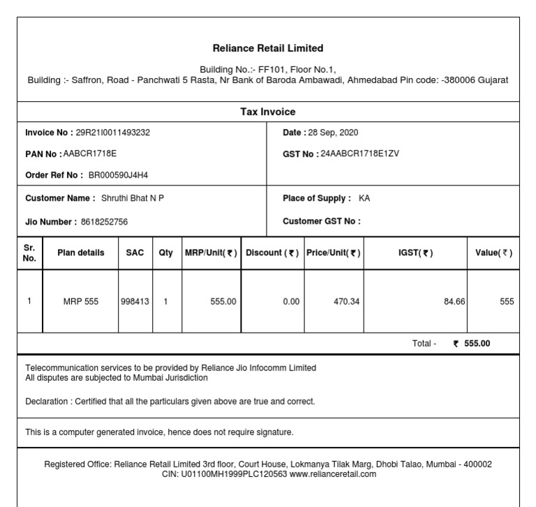 Mobile Recharge Invoice - Reliance Jio | PDF