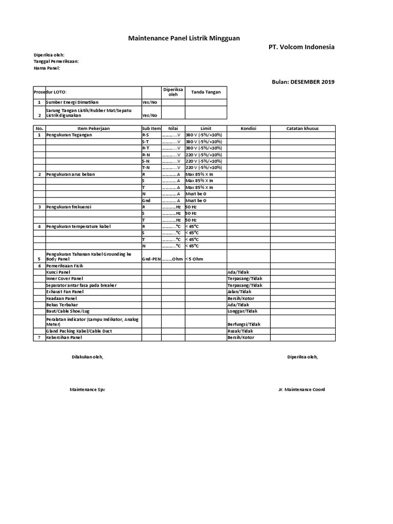 Form Pemeriksaan Panel Listrik New Pdf