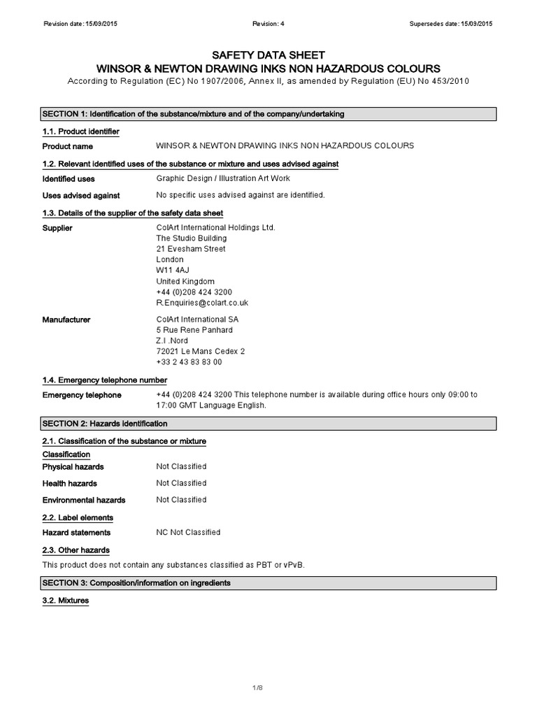 W&N Drawing Inks (Non Hazardous) SDS PDF Dangerous Goods Toxicity