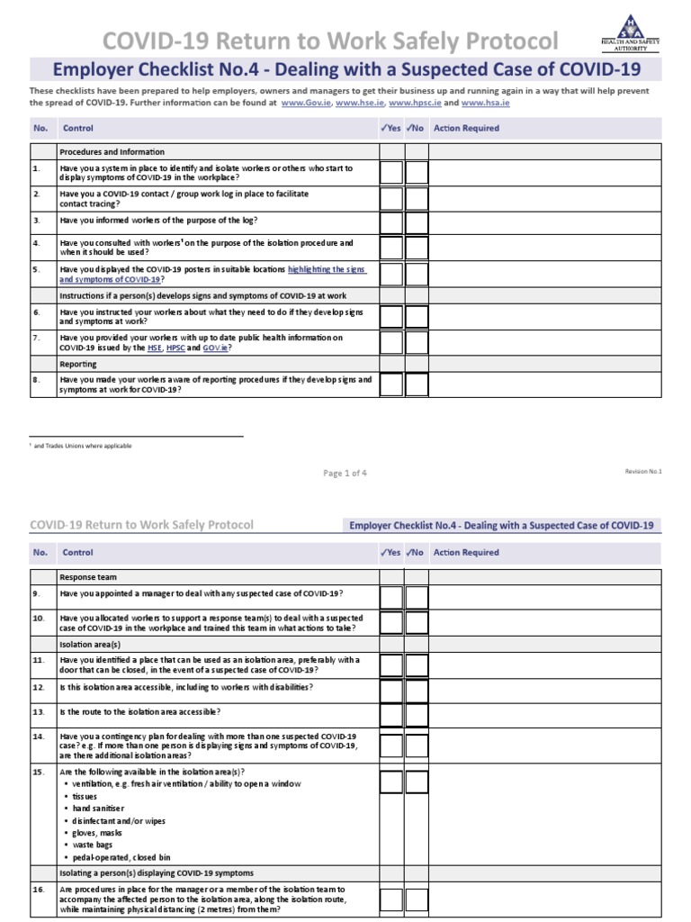 COVID-19 Return To Work Safely Protocol: Employer Checklist No.4 ...