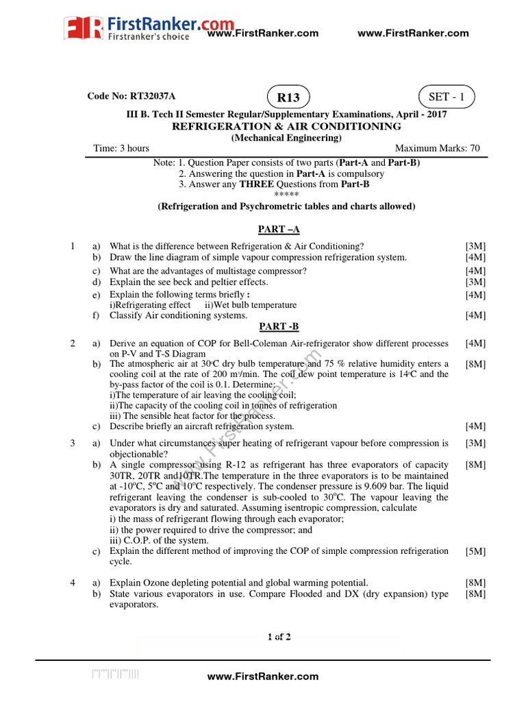 JNTU KAKINADA B.Tech REFRIGERATION and AIR CONDITIONING R13