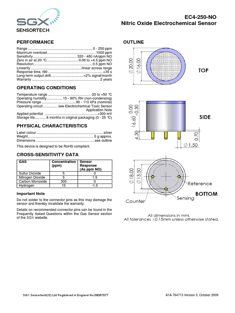 Performance Outline EC4250NO Nitric Oxide Electrochemical Sensor
