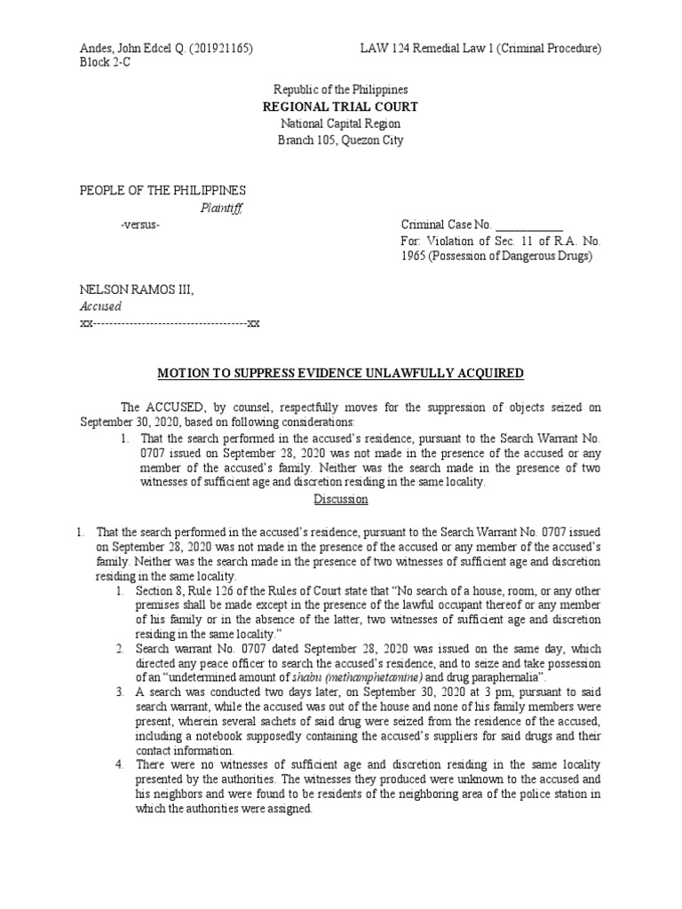 Pleadings Motion To Suppress Evidence PDF Search Warrant Criminal