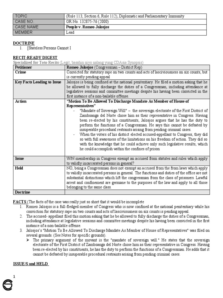 Jalosjos Case: Congressional Immunity Denied | PDF | United States ...
