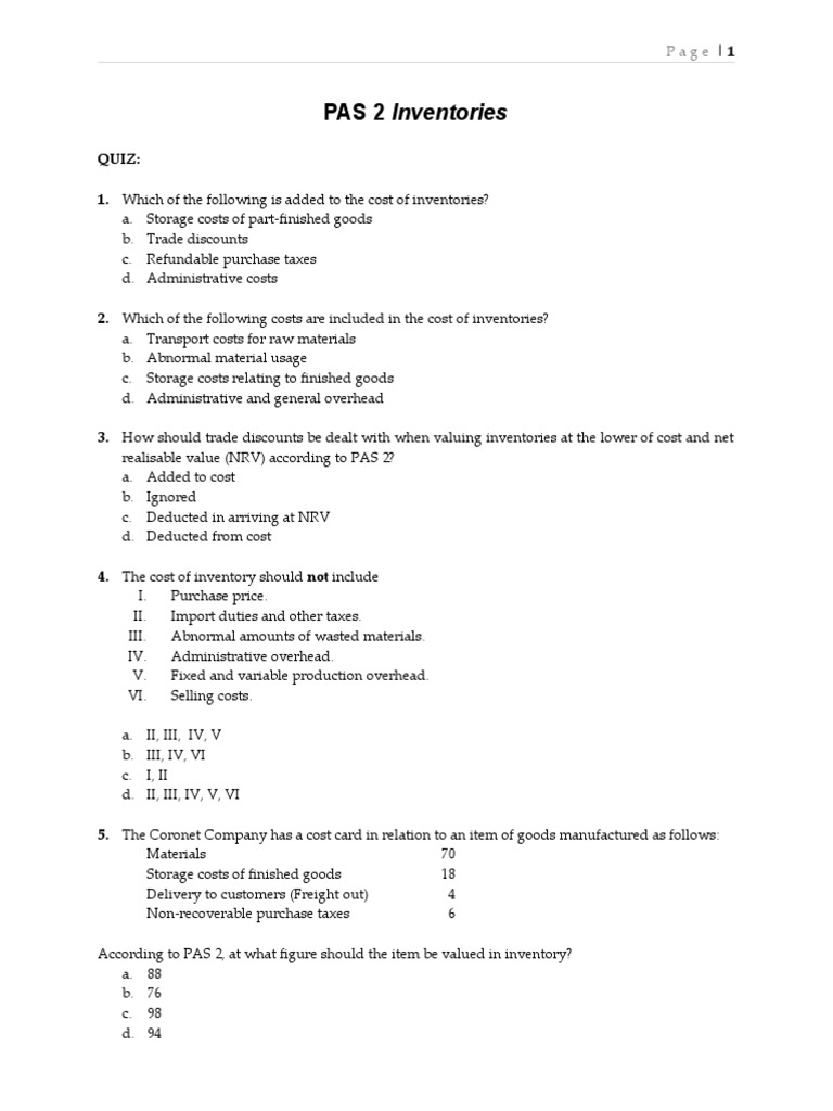 PAS 2 Inventories Quiz Overview | PDF | Inventory | Cost