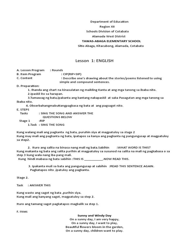 Lesson 1: ENGLISH: Tawas-Abaga Elementary School | PDF