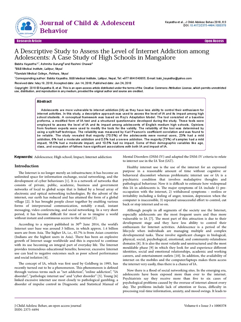A Descriptive Study To Assess The Level of Internet Addiction Among ...