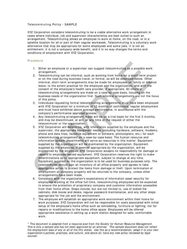 Telecommuting Policy - SAMPLE: Procedure | Download Free PDF ...