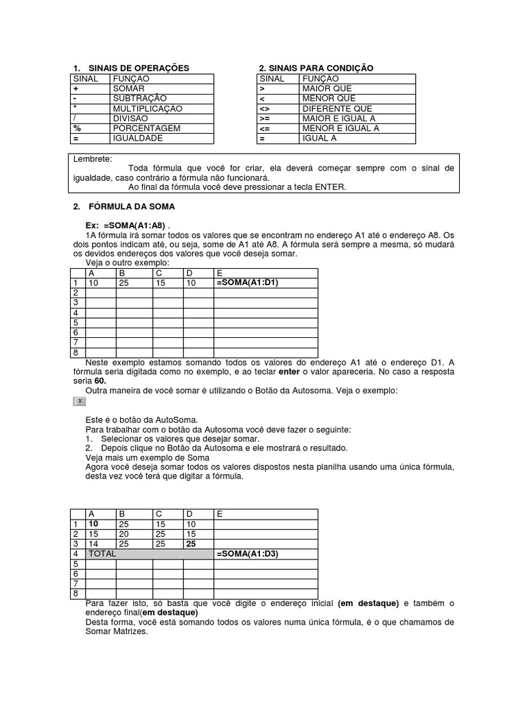 Fórmulas Básicas do Excel: Guia Prático | PDF