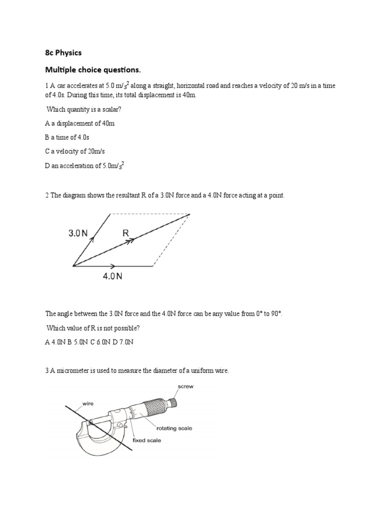 8c Physics Multiple Choice Questions | PDF | Force | Weight