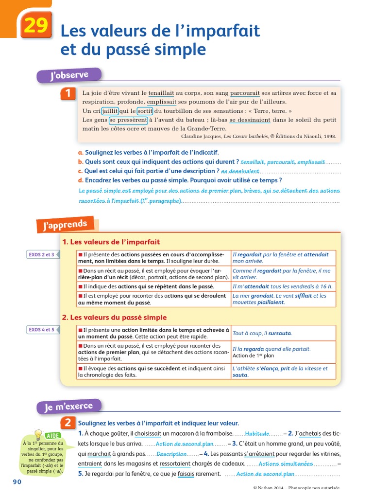Les Valeurs De L imparfait Et Du Passé Simple Exercices Corrigés Chap 29 Valeursimparfaitpassesimple | PDF | Syntaxe | Morphologie