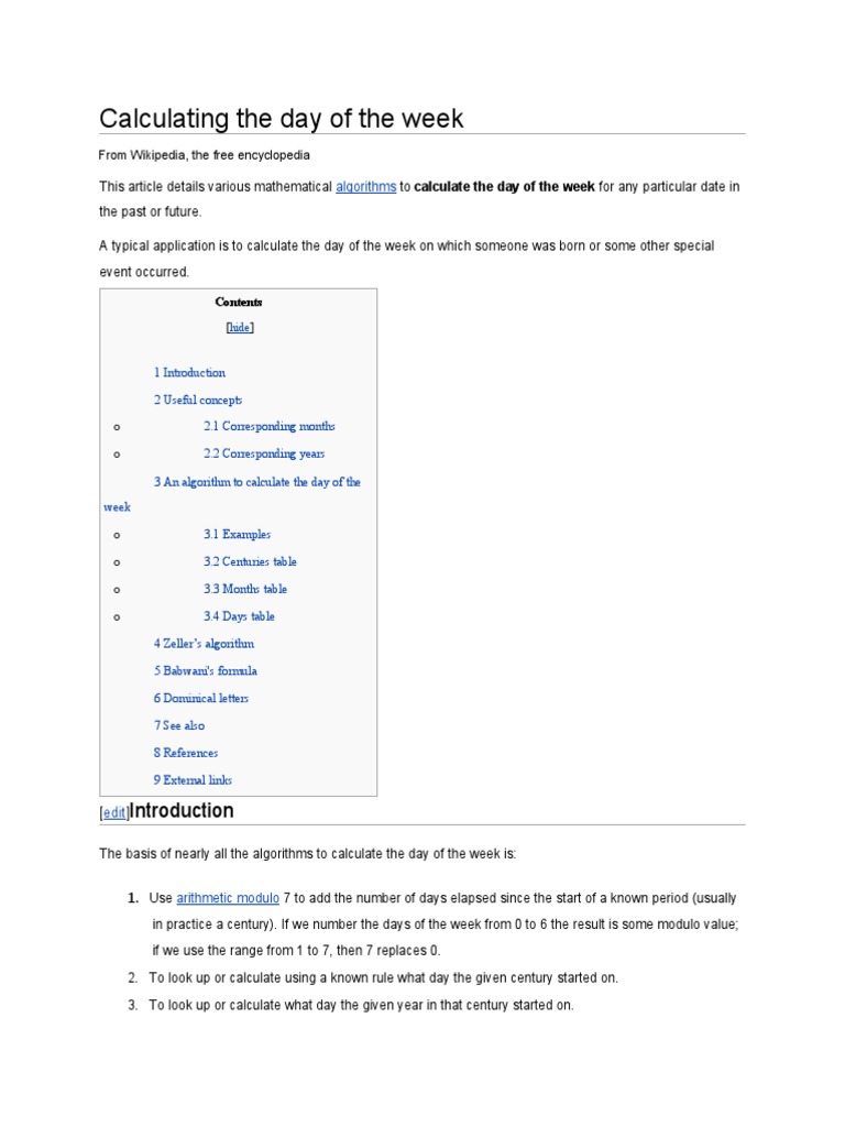 Day of the Week Calculation Methods | PDF | Mathematics