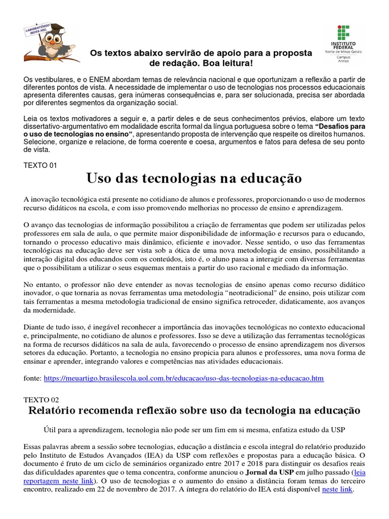 REDAÇÃO Tecnologia e Educação PDF | PDF | Educação à distância | Cognição