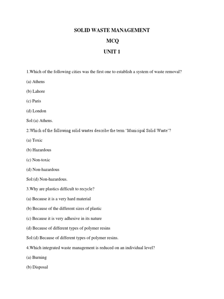 Question Bank 2 Unit Wise MCQ SWM PDF Landfill Hazardous Waste