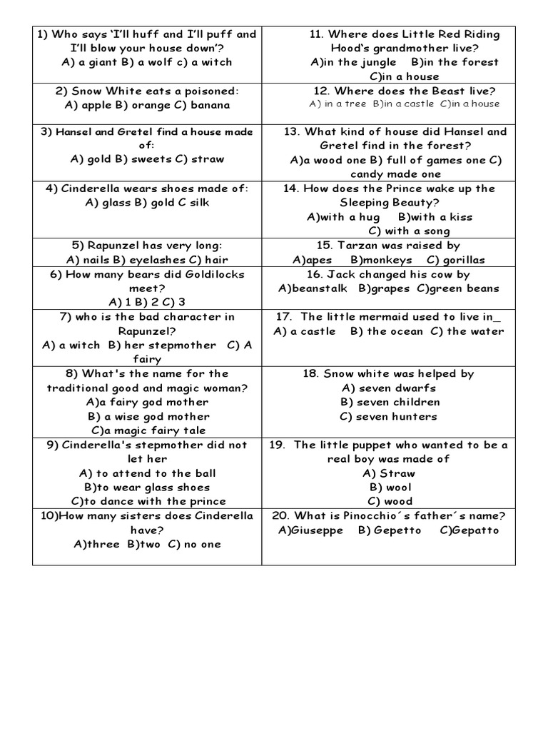 Rapunzel and Fairy Tale Quiz | PDF | Rapunzel | Fairy Tales