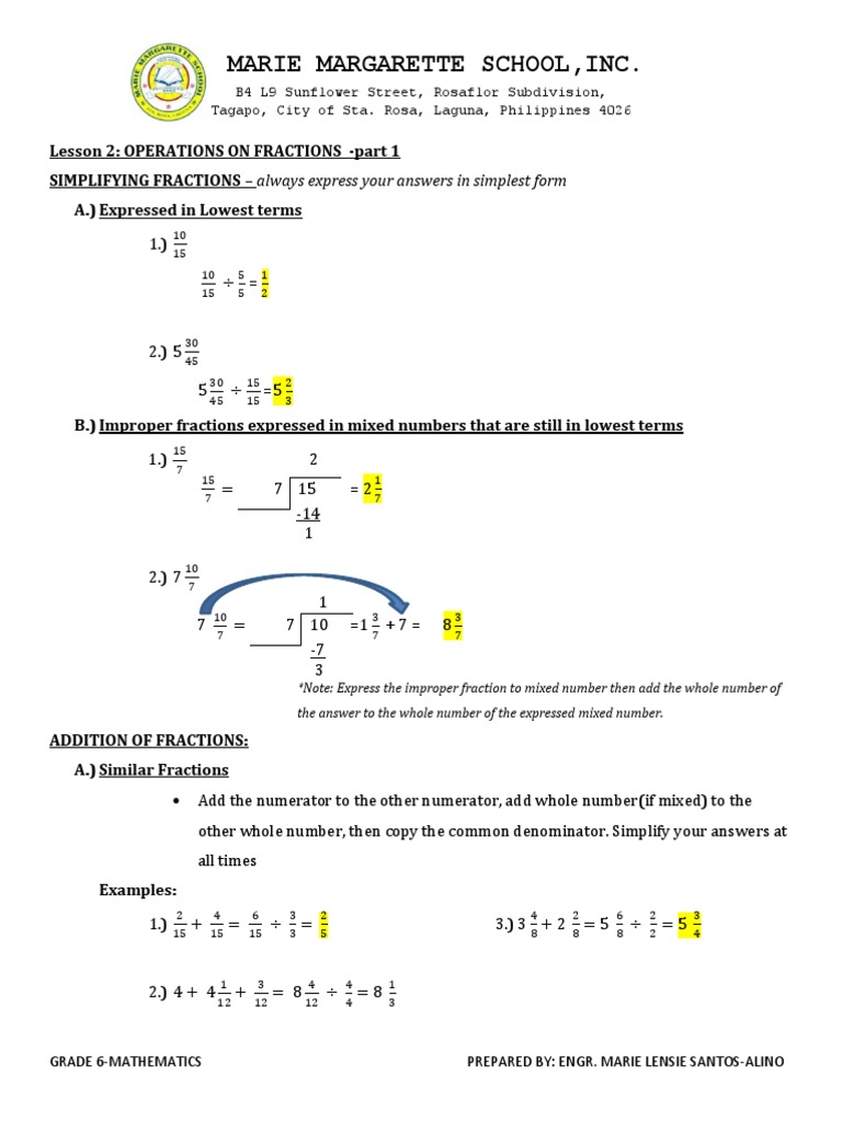 Lesson 2 Operation On Fractions (Addition and Subtraction) PDF | PDF ...