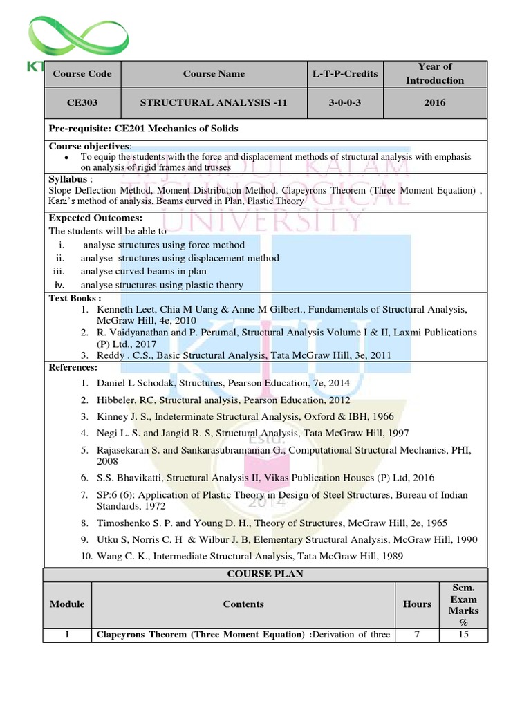 CE303 Structural Analysis II Syllabus | PDF | Beam (Structure ...
