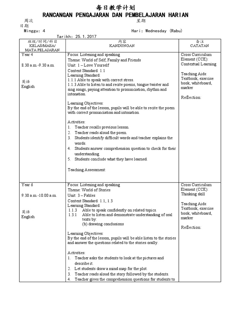 Daily Teaching Plan for English Lessons | PDF | Reading Comprehension ...