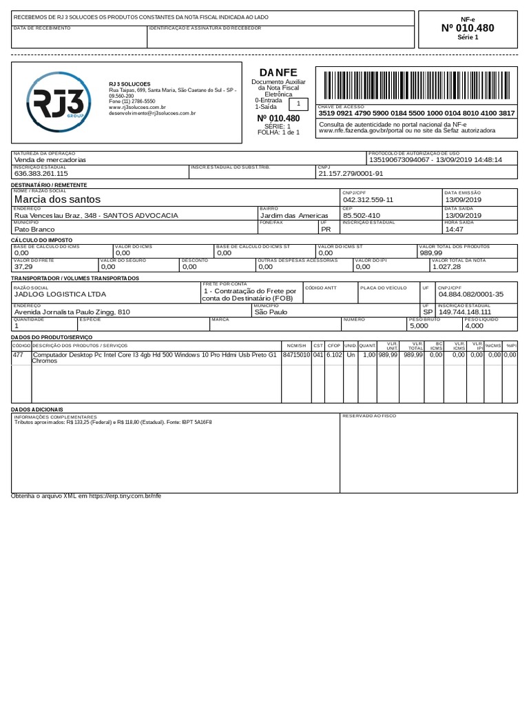 Nota Fiscal Eletrônica - RJ 3 Soluções | PDF | Recibo | Equipamento de ...