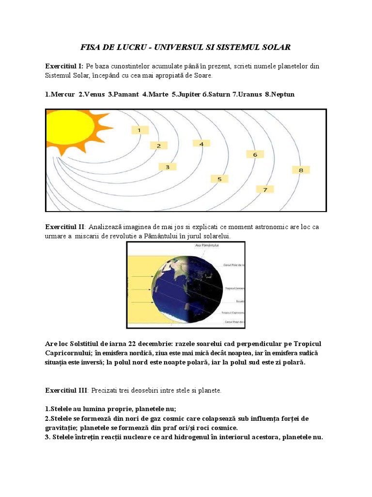 Fisa De Lucru Planetele Sistemului Solar Fisa de Lucru - Universul Si Sistemul Solar | PDF
