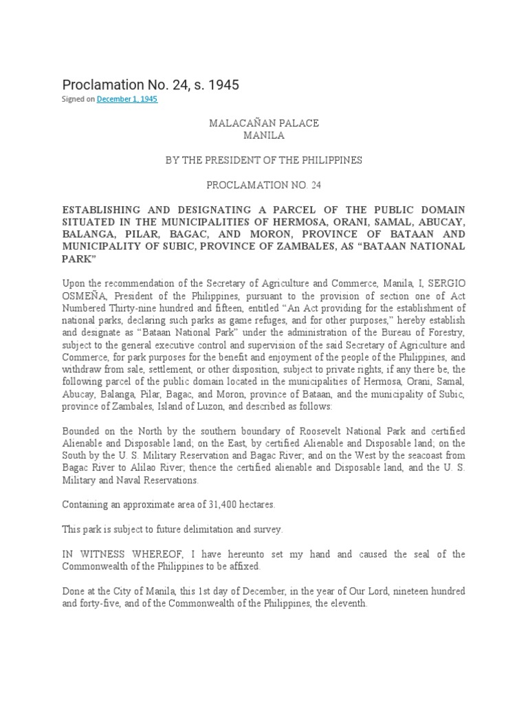 Proclamation No 24 of 1945 Bataan National Park | PDF | President Of ...