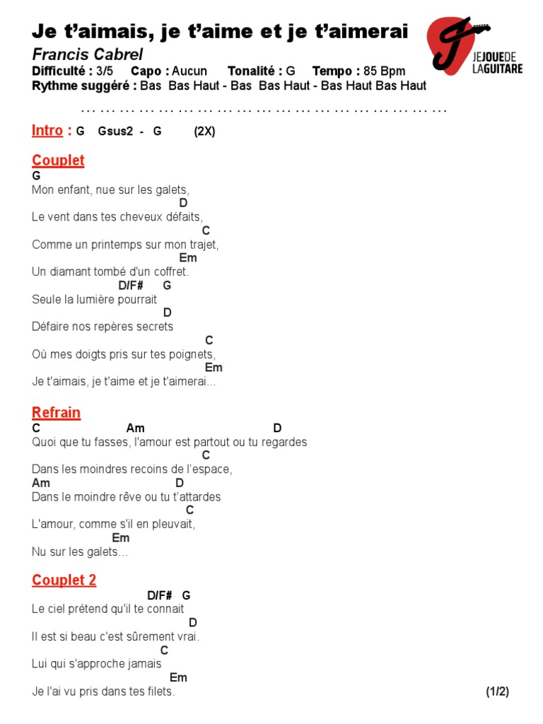 Je Taimais Je Taime Et Je T aimerai Tablature Francis Cabrel - Je T Aimais Je T Aime Et Je T Aimerai Partition Par | PDF  | Divertissement (Général)
