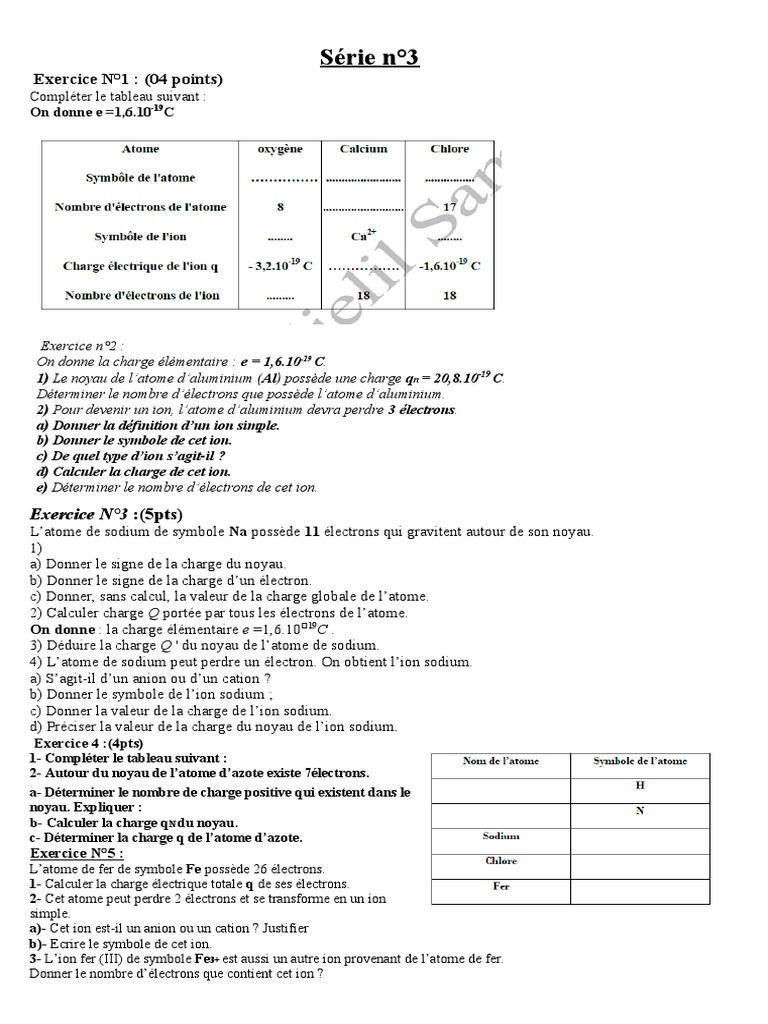 Exercices sur les ions et atomes | PDF | Ion | Atomes