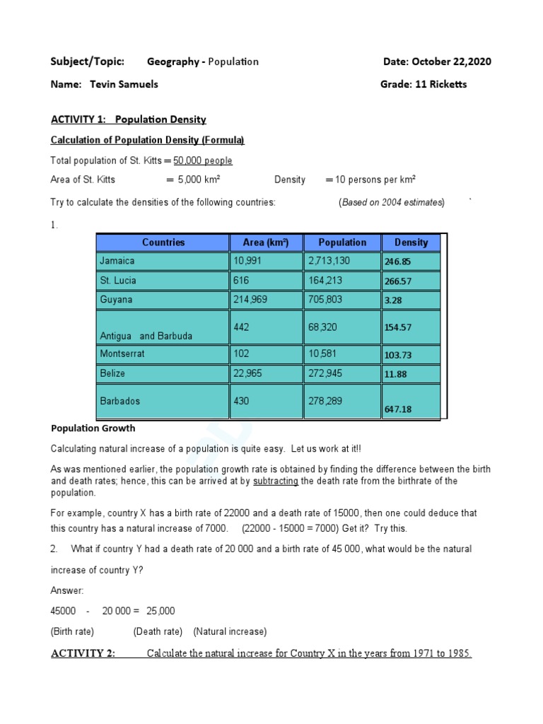 GR 11 GEO ACTIVITY 1 Population Density Distribution Growth