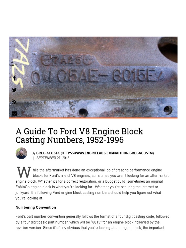 A Guide To Ford V8 Engine Block Casting Numbers, 1952-1996 | PDF | V8 ...