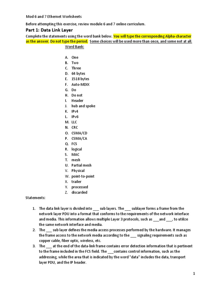 Mod 6 And 7 Worksheet Network Switch Network Topology
