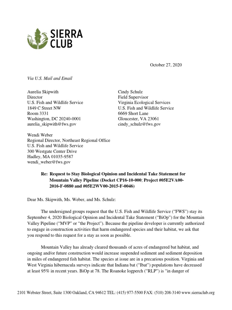 Request to Stay MVP Biological Opinion | PDF | Endangered Species Act ...
