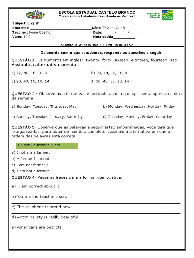 AVALIAÇÃO DE INGLÊS - 3º BIMESTRE (7º ANO).doc