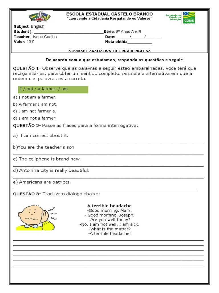 Atividade Avaliativa de Inglês 8º Ano | PDF | Idiomas