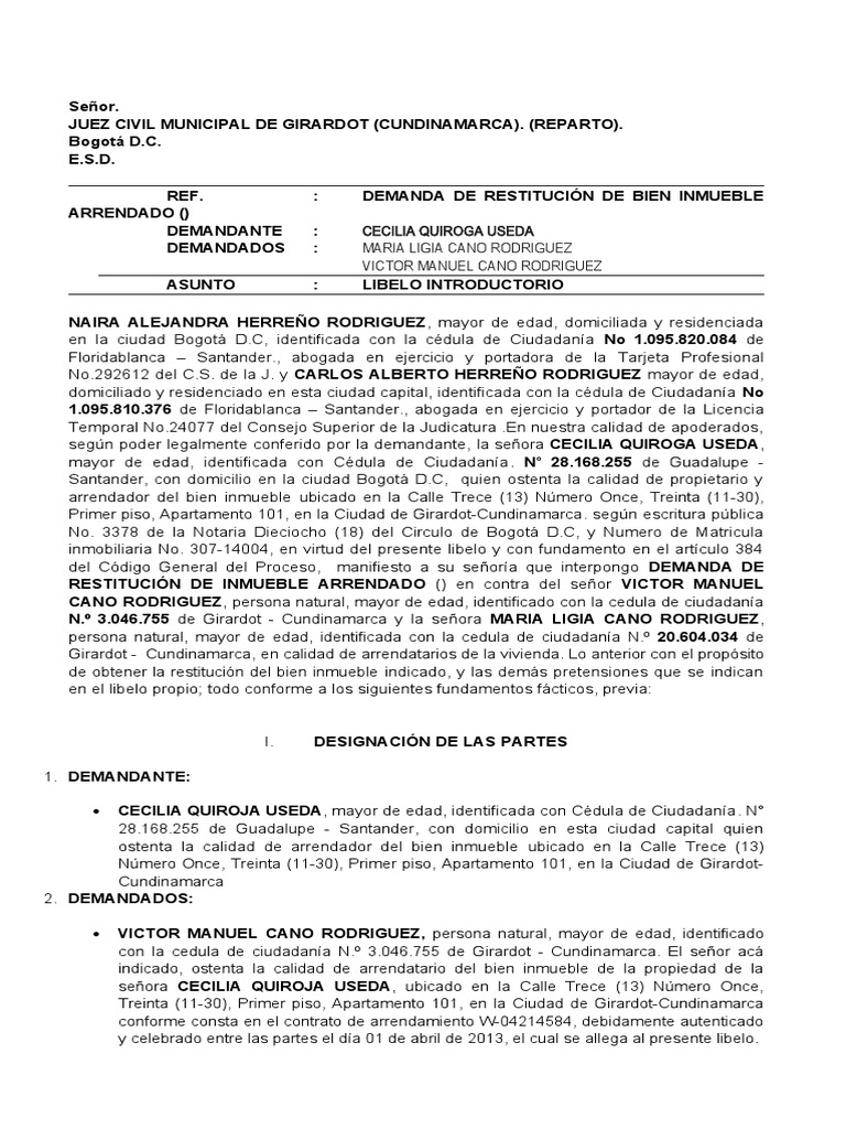 Demanda de Restitución de Inmueble | PDF | Desalojo | Demanda judicial