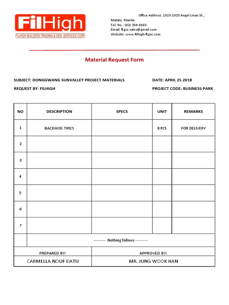 Filhigh Material Request for Donggwang Project | PDF