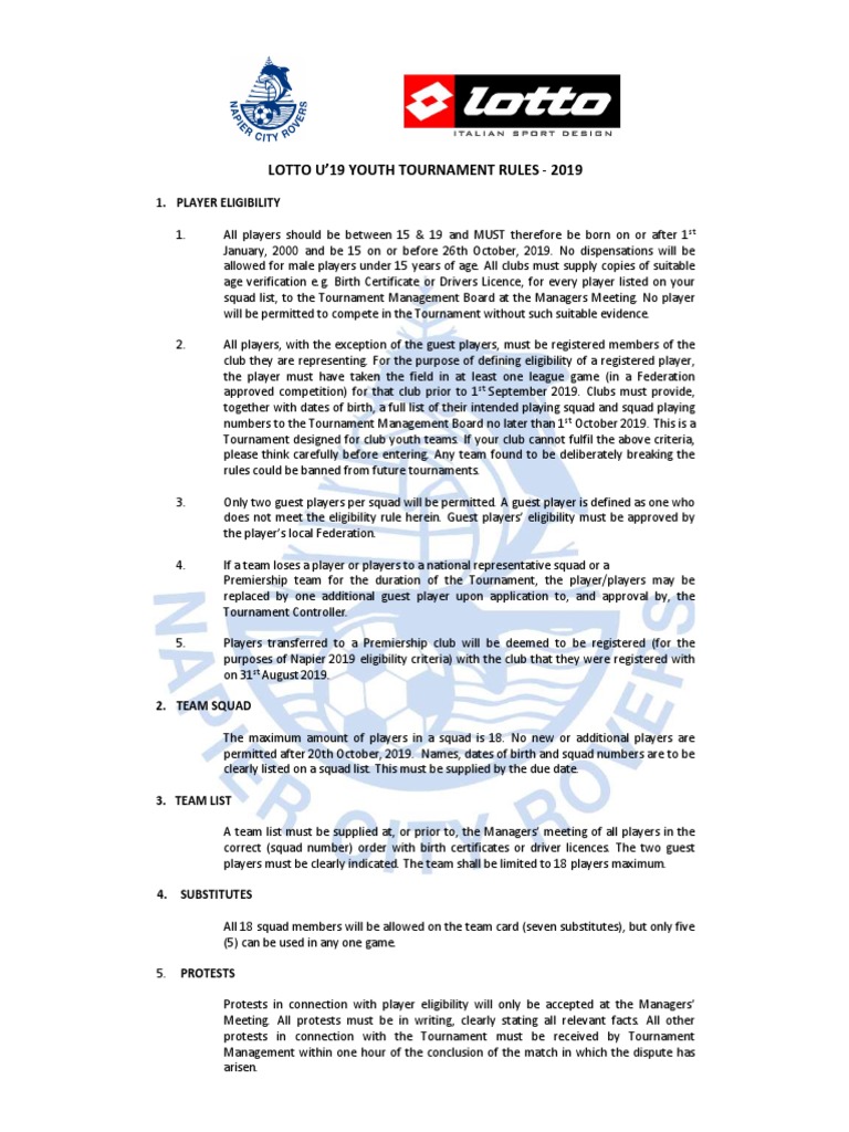Lotto U'19 Youth Tournament Rules 2019 Download Free PDF Sports