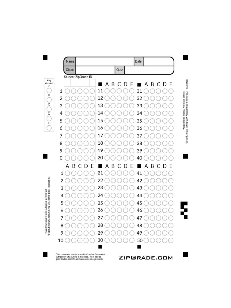 ZipGrade 50 Question Answer Sheet | PDF