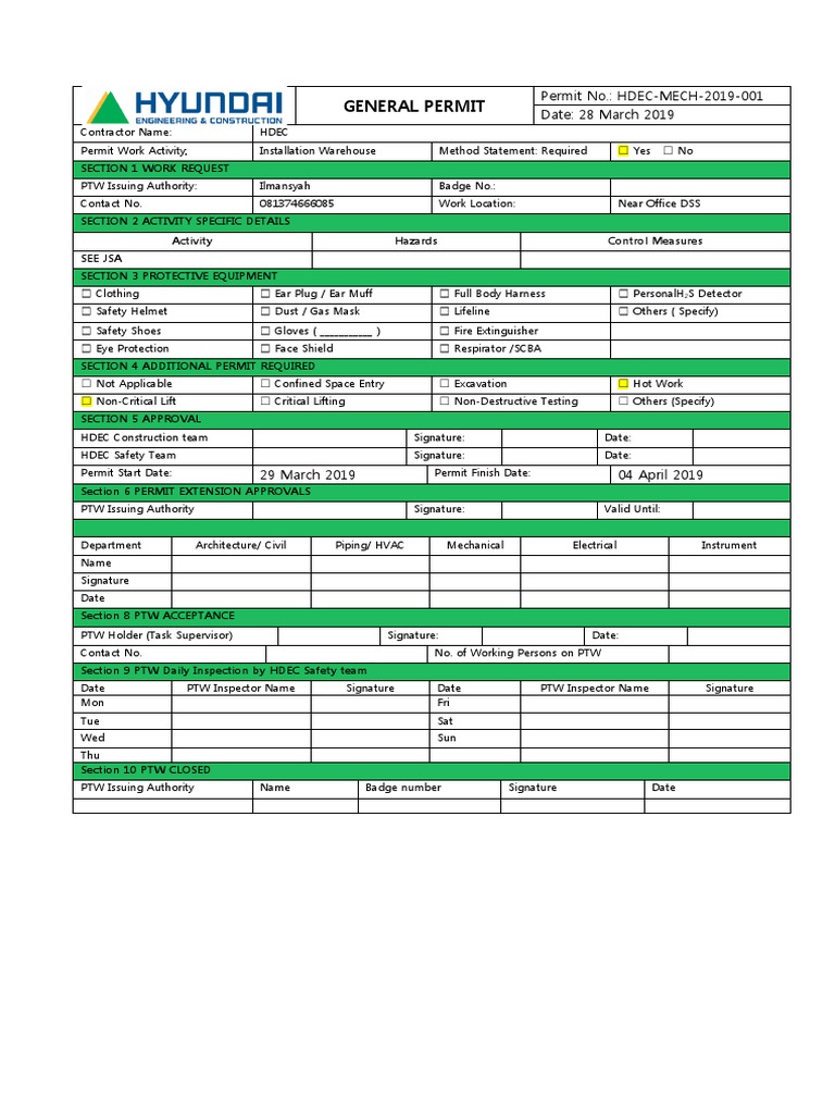 Annex 1 General Permit Form | PDF | Personal Protective Equipment | Safety
