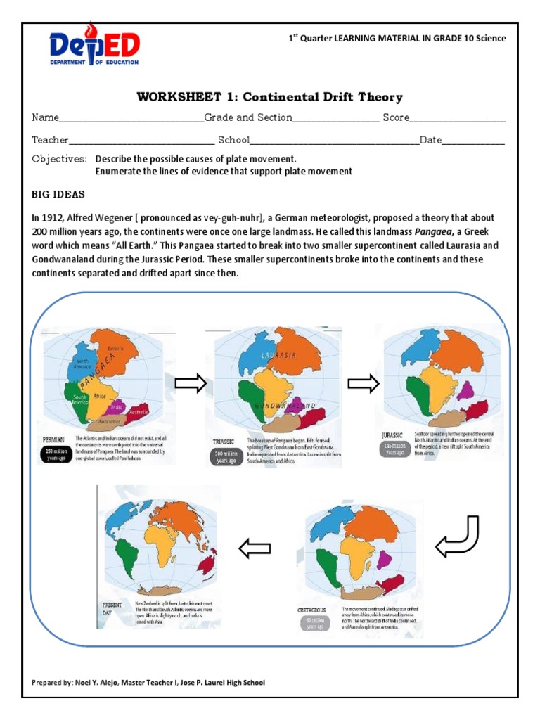 WORKSHEET 1: Continental Drift Theory: Objectives | PDF | Continent | Plate  Tectonics