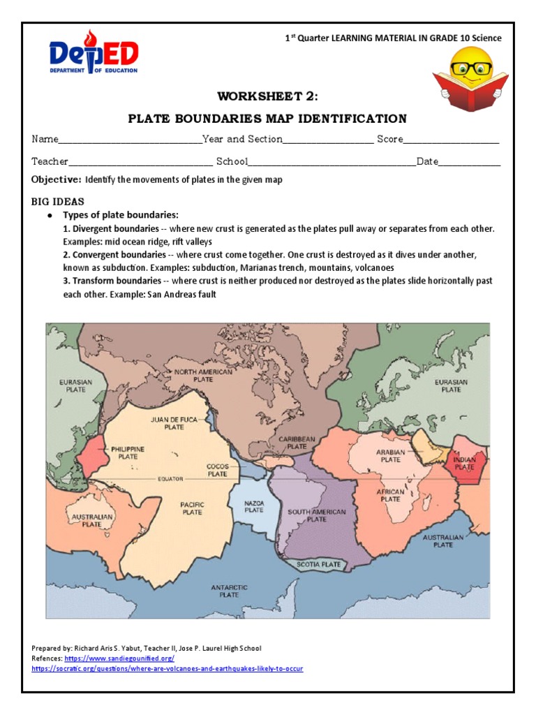 Worksheet 2 Plate Boundaries Map Identification PDF Plate Tectonics Tectonics
