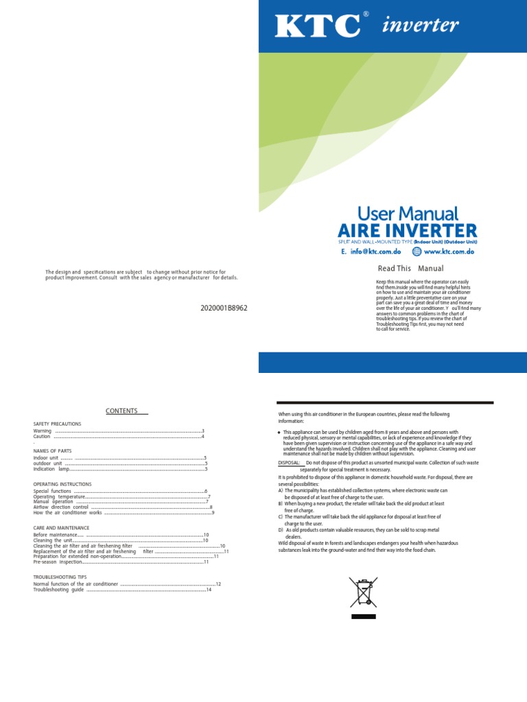 Air Conditioner User Manual & Care Guide | PDF | Air Conditioning ...