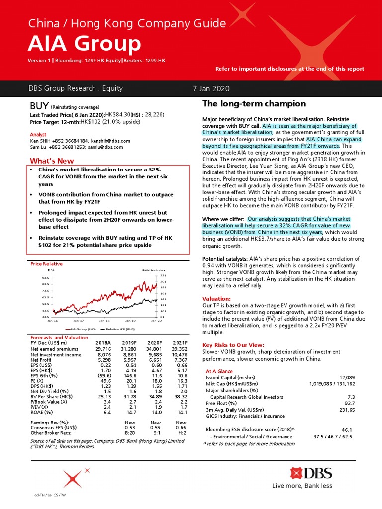 AIA Group: China / Hong Kong Company Guide | PDF | Valuation (Finance) |  China