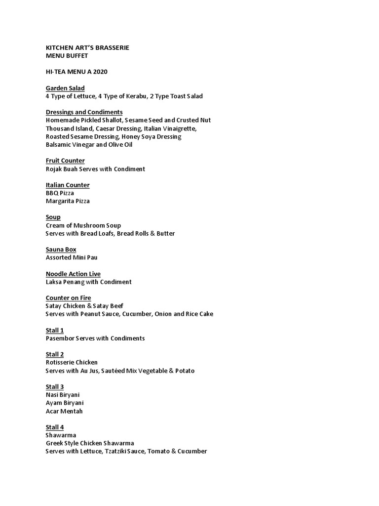 Kitchen Art'S Brasserie Menu Buffet HiTea Menu A 2020 Garden Salad PDF Salad Asian Cuisine