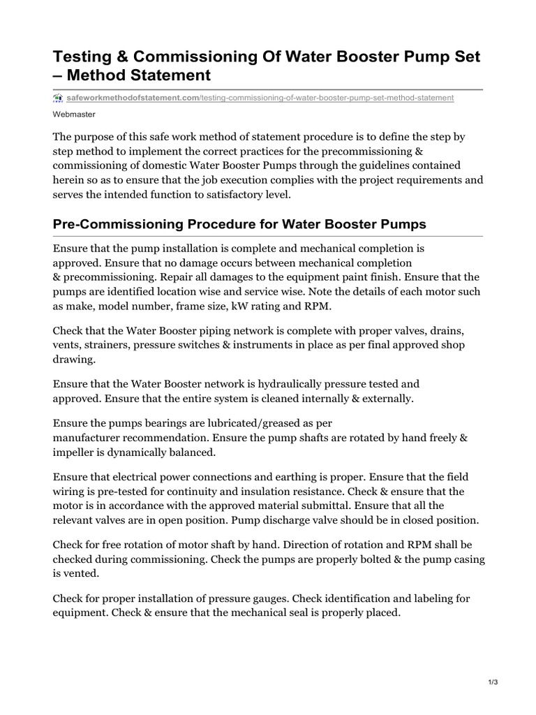 Testing and Commissioning of Water Booster Pump Set Method Statement